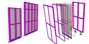 Exploded view of an aluminum curtain wall system showing its layers.