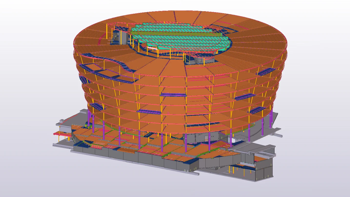 3D model of a building's structural framework, showcasing its circular design and multi-level construction.