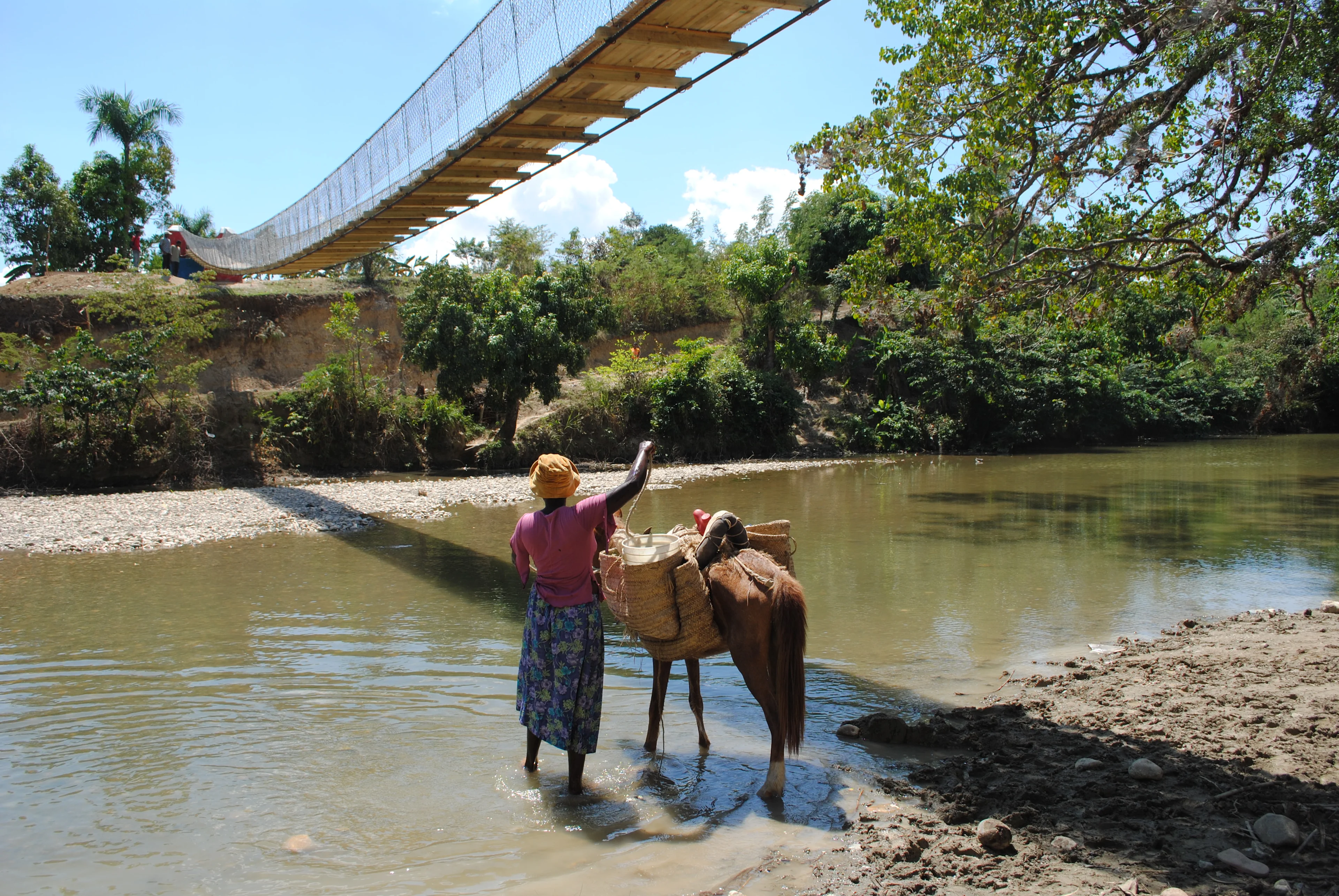 A lady walks across a river under a bridge with a horse.