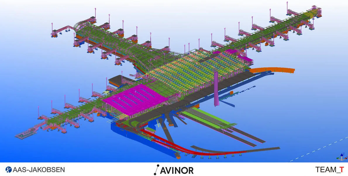 Tekla 3D model of a large, complex airport terminal structure, showcasing various levels and interconnected components.