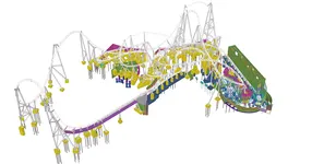Tekla 3D rendering of a roller coaster with yellow supports and colorful track sections.
