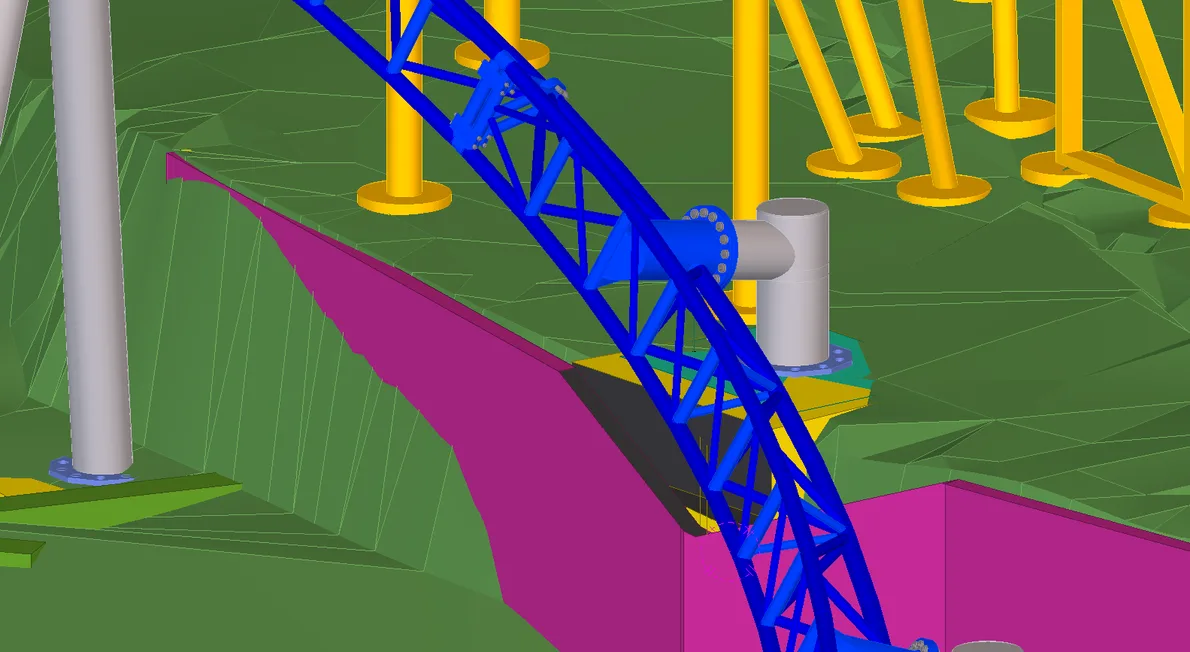 Tekla 3D model of a construction site, showing a blue crane arm extending over a green, uneven terrain with purple and yellow structural elements.