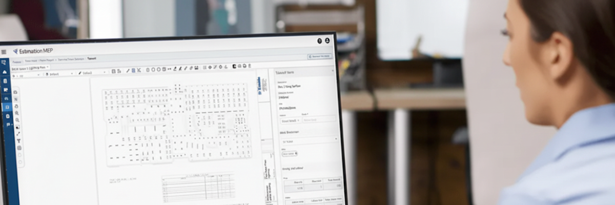 Person working on Estimation MEP software at a desk.