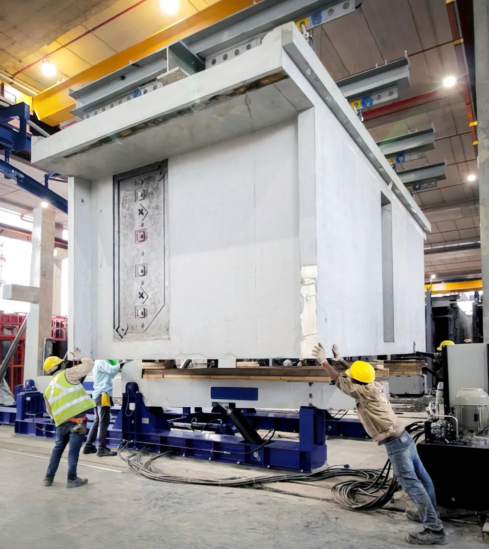 Construction workers in a factory setting guide a large, prefabricated concrete module onto a heavy-duty transportation system.