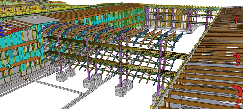3D model of a multi-story building under construction, showcasing exposed wooden beams and support structures.
