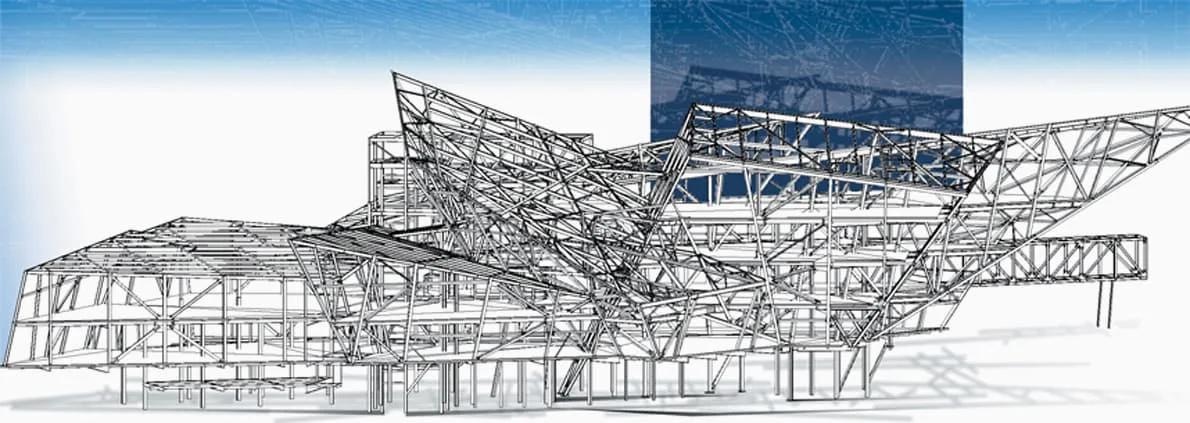 Wireframe of the Denver Art Museum's North Building expansion, showcasing its intricate steel structure.