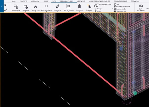 A 3D rendering of a structural beam with rebar, viewed from an elevated perspective.
