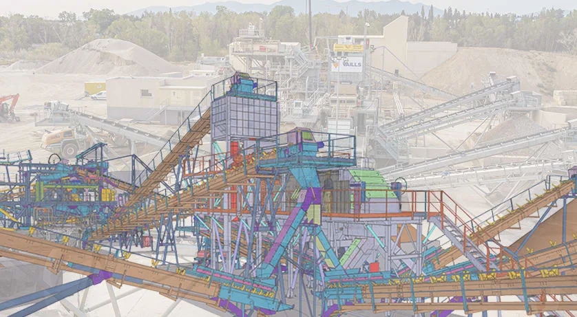 3D model of a recycling plant with conveyor belts and heavy machinery.