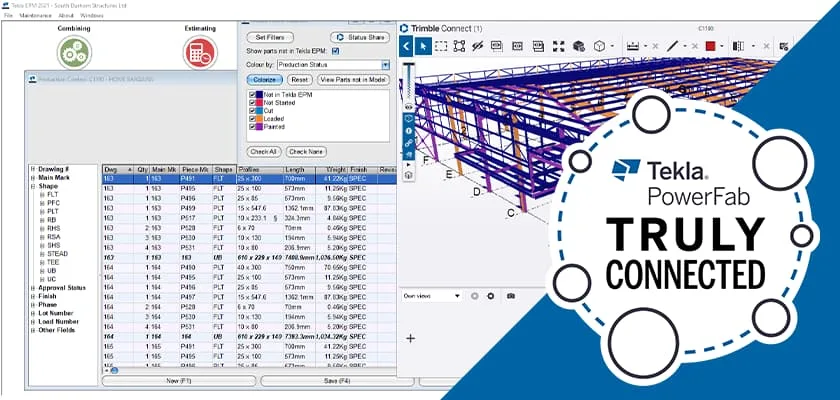 Tekla EPM screenshot showing production status in Trimble Connect