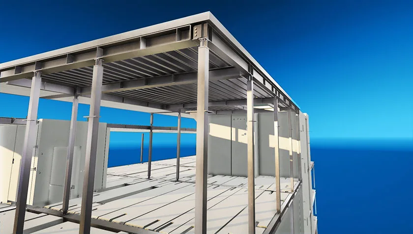 A rendering of a steel-framed building structure with a bright blue sky and horizon line.