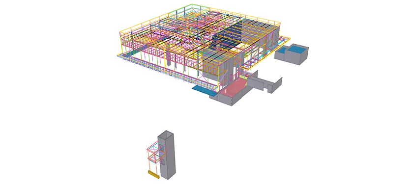 3D wireframe model of a multi-story building under construction, with a separate smaller structure in the foreground.