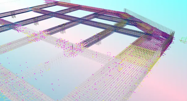 3D architectural rendering of a building's steel framework, with multiple layers of rebar and support beams, some highlighted in purple and yellow.