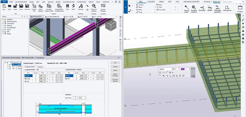 ekla Structural Designer and Tekla Structures side-by-side. Shows a comparison of the imported rebar for beam parts between t