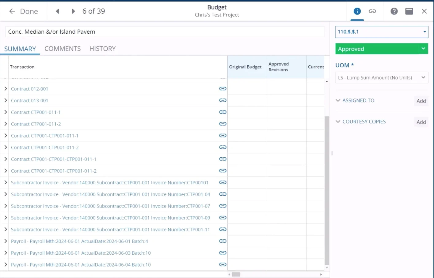 Screenshot of a project budget screen showing contracts and transactions with approved status.