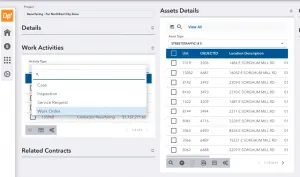 Screenshot of the OpX platform showing project details, work activities, and assets.