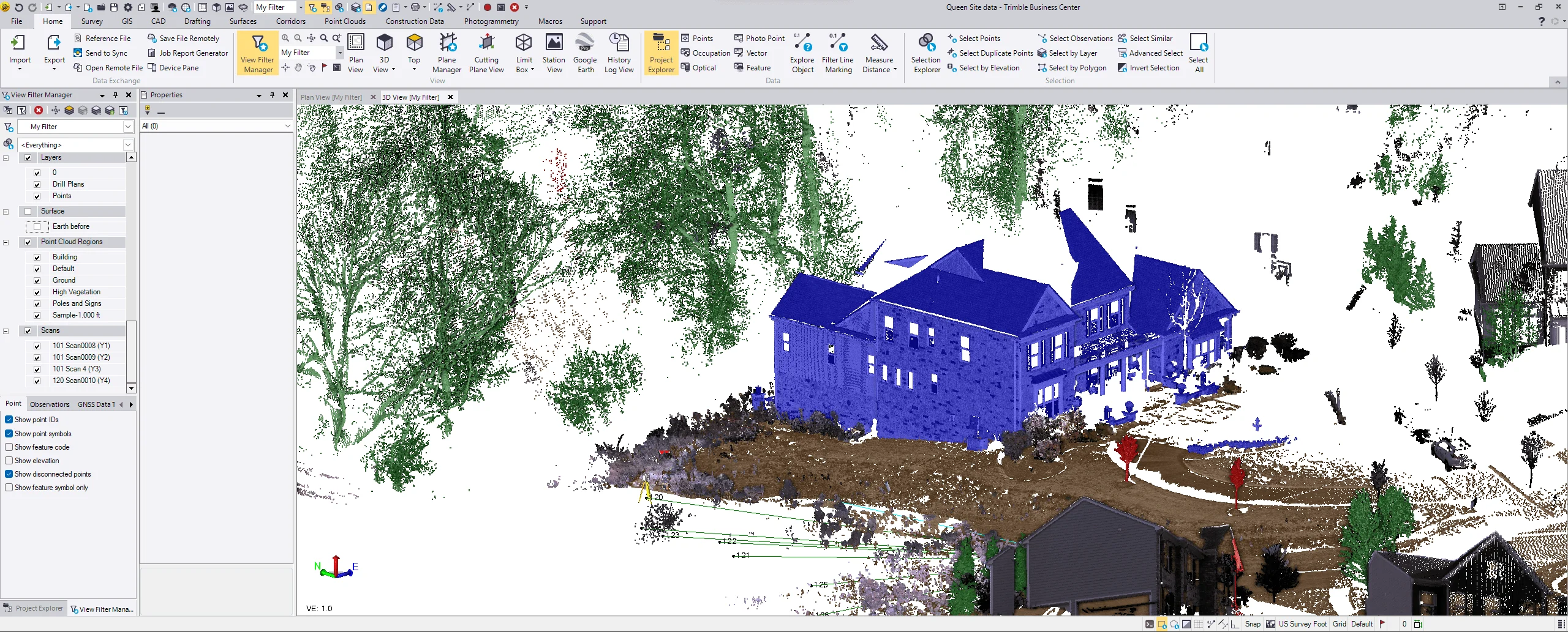 3D modeling software displaying a point cloud of a neighborhood with a blue highlighted house.