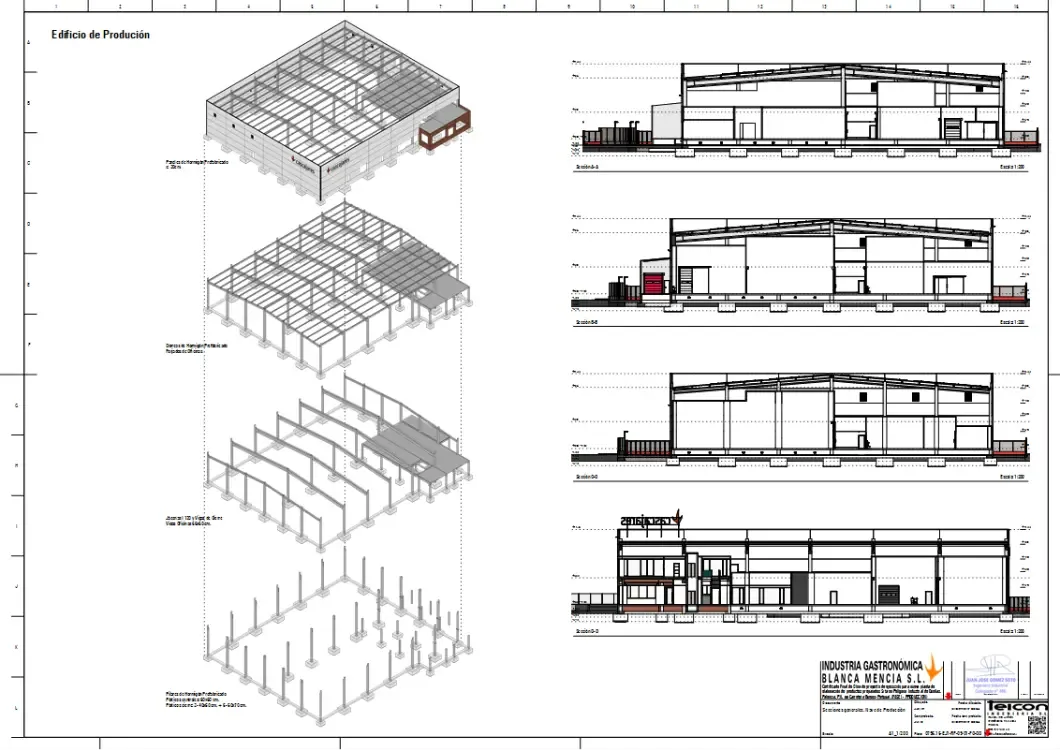 2D drawings of the phases, structures and sections of the production plant model in LayOut.