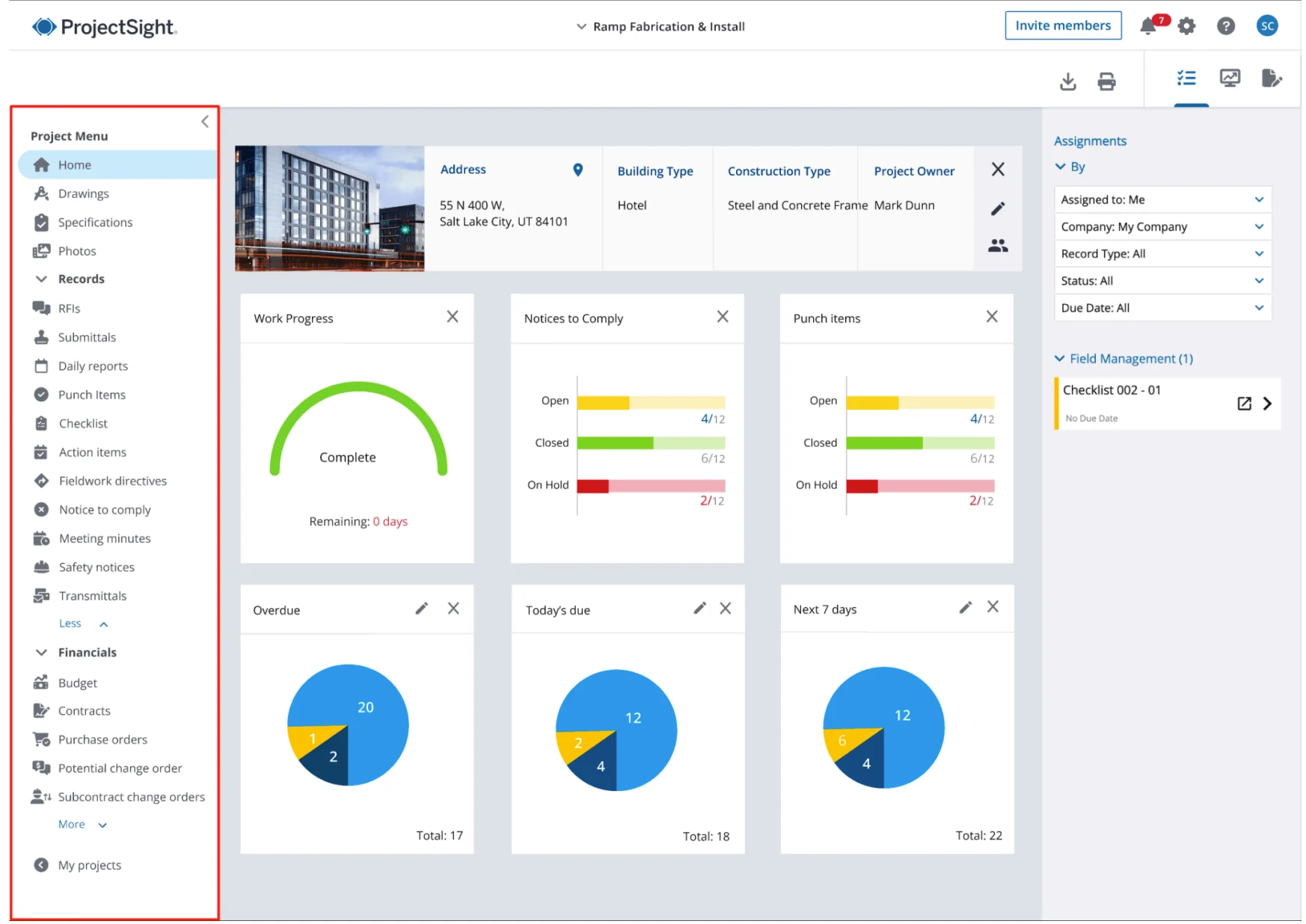 ProjectSight dashboard showing project menu, work progress, and assigned tasks.