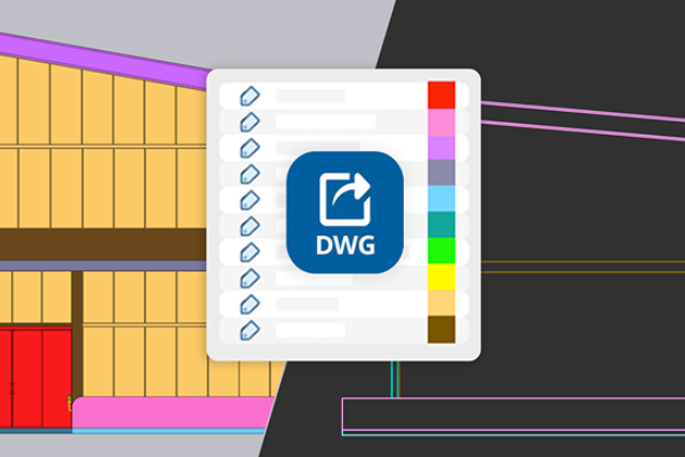 CAD building elevation in light and dark themes with DWG export icon and layer color palette.
