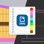 CAD building elevation in light and dark themes with DWG export icon and layer color palette.