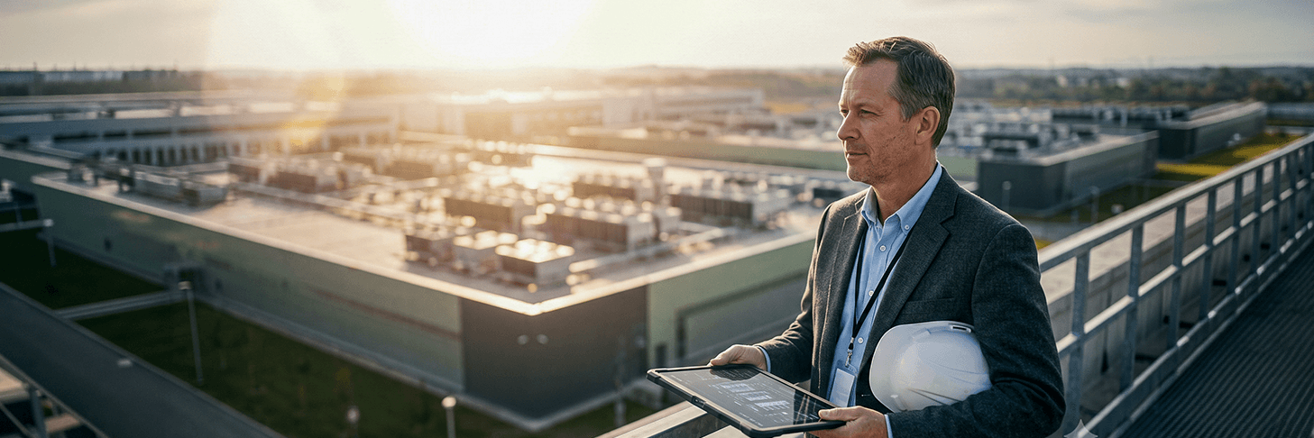 Image of a man wearing a suit and holding a hard hat and tablet, looking out over a construction site.