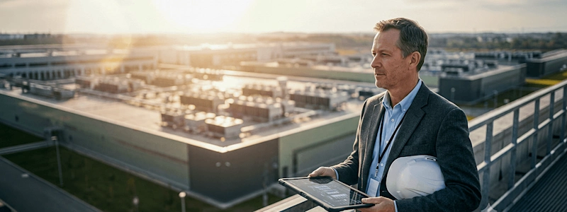 Image of a man wearing a suit and holding a hard hat and tablet, looking out over a construction site.