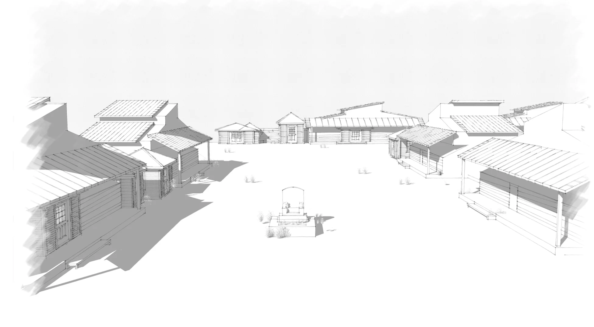 A rendering of a "Western" production design project drawn in SketchUp and LayOut for a music video.