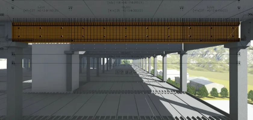 3D rendering of a building's interior showing a large steel beam with reinforcing bars, supported by concrete columns, with blueprints overlaid.