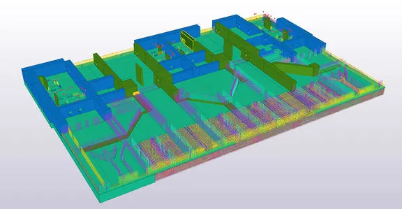 3D rendering of a complex electronic component with various colored sections representing different parts and connections.