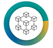 Circular graphic with a stylized network of connected cubes in the center, representing blockchain technology.