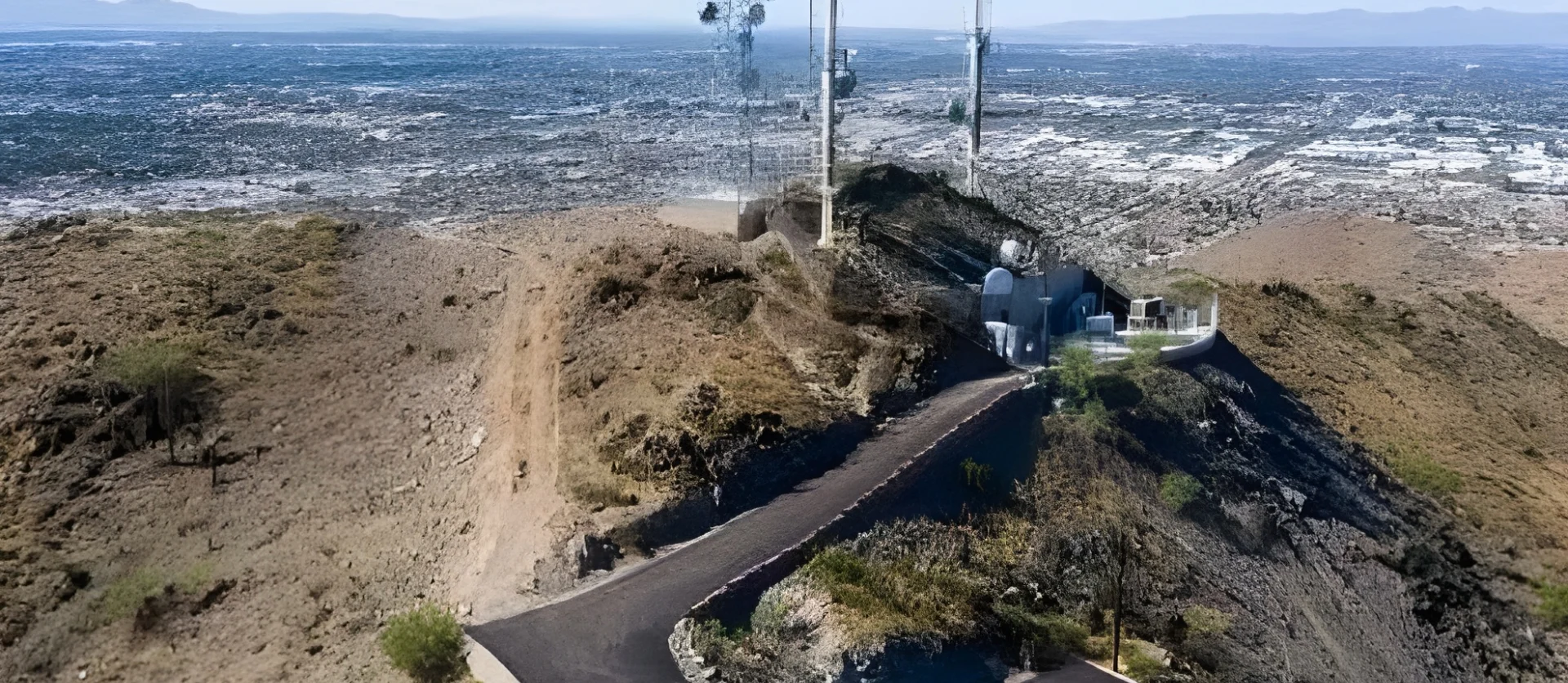 A paved road leads to several tall communication towers atop North Mountain in Phoenix, Arizona.