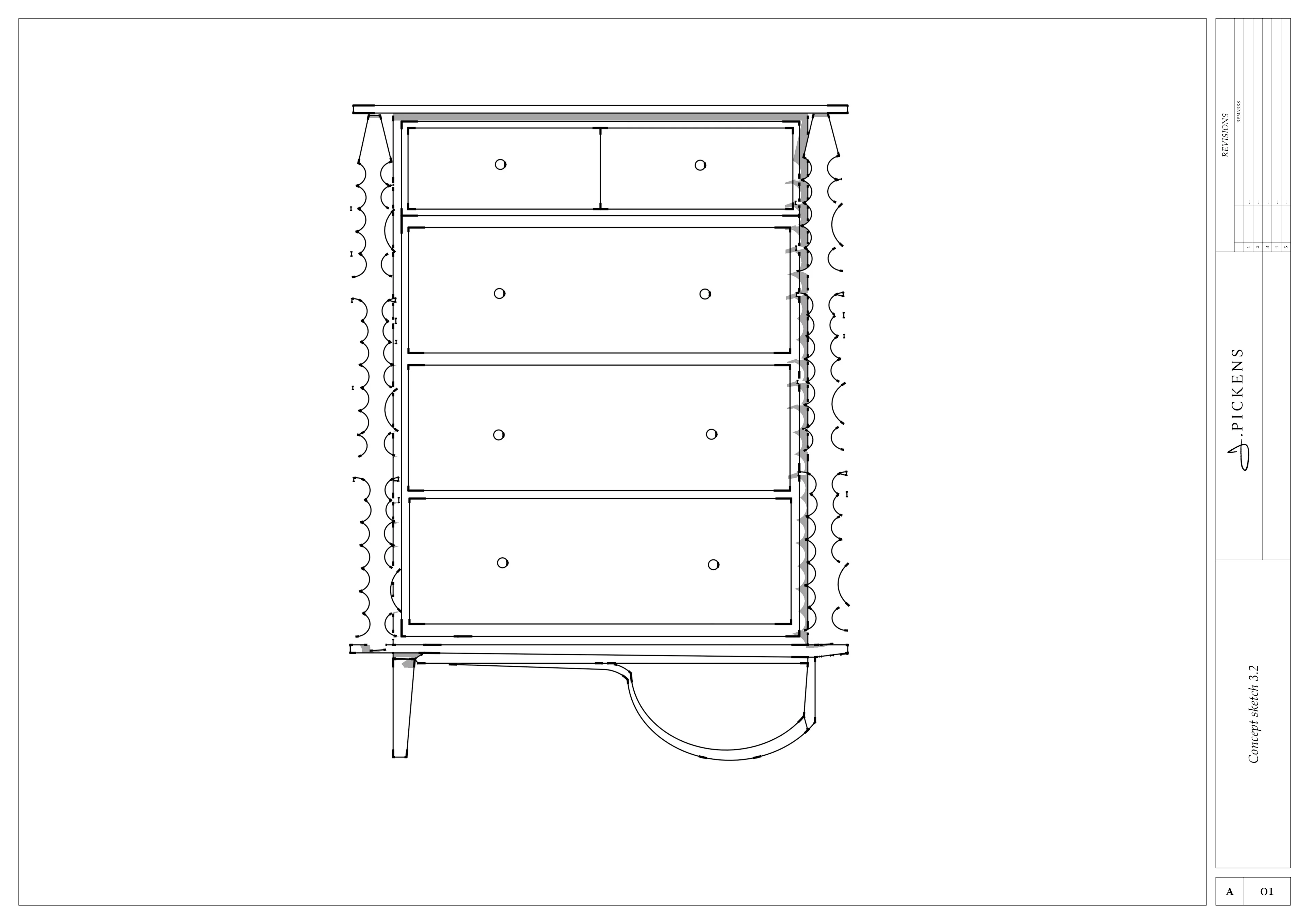 Custom-made walnut dresser 2D plans in LayOut. 