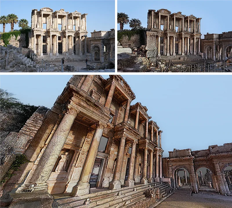 Comparing photo (upper left) to point cloud model images of Library of Celsus - The Great Library