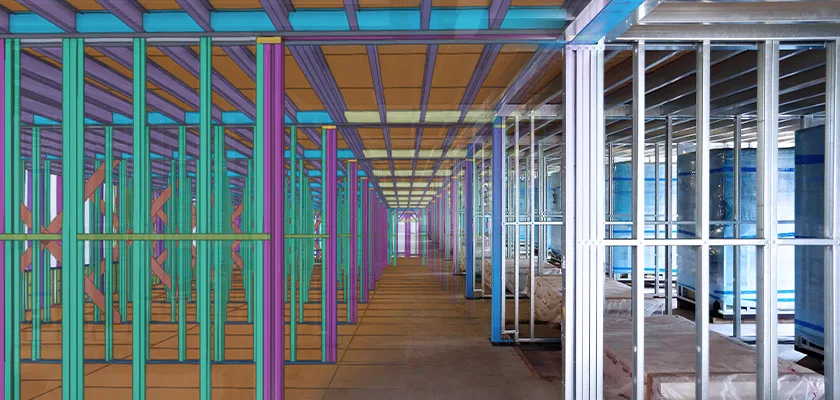 3D model of metal framing for building construction, showing wall studs, ceiling joists, and support beams in various colors.