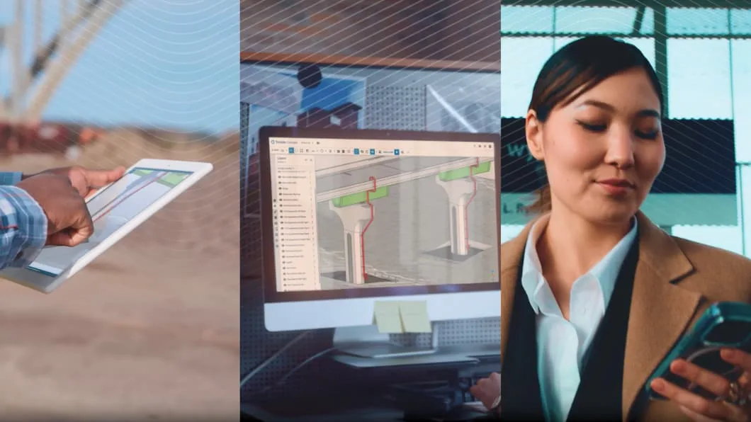 Split screen of workers using a tablet and phone, and a desktop showing a 3D bridge infrastructure model.