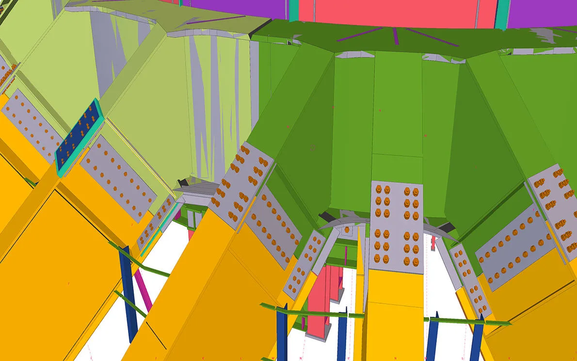 Tekla 3D rendering of a structural steel joint, featuring bright yellow, green, and purple colored beams and connecting plates with visible bolts.