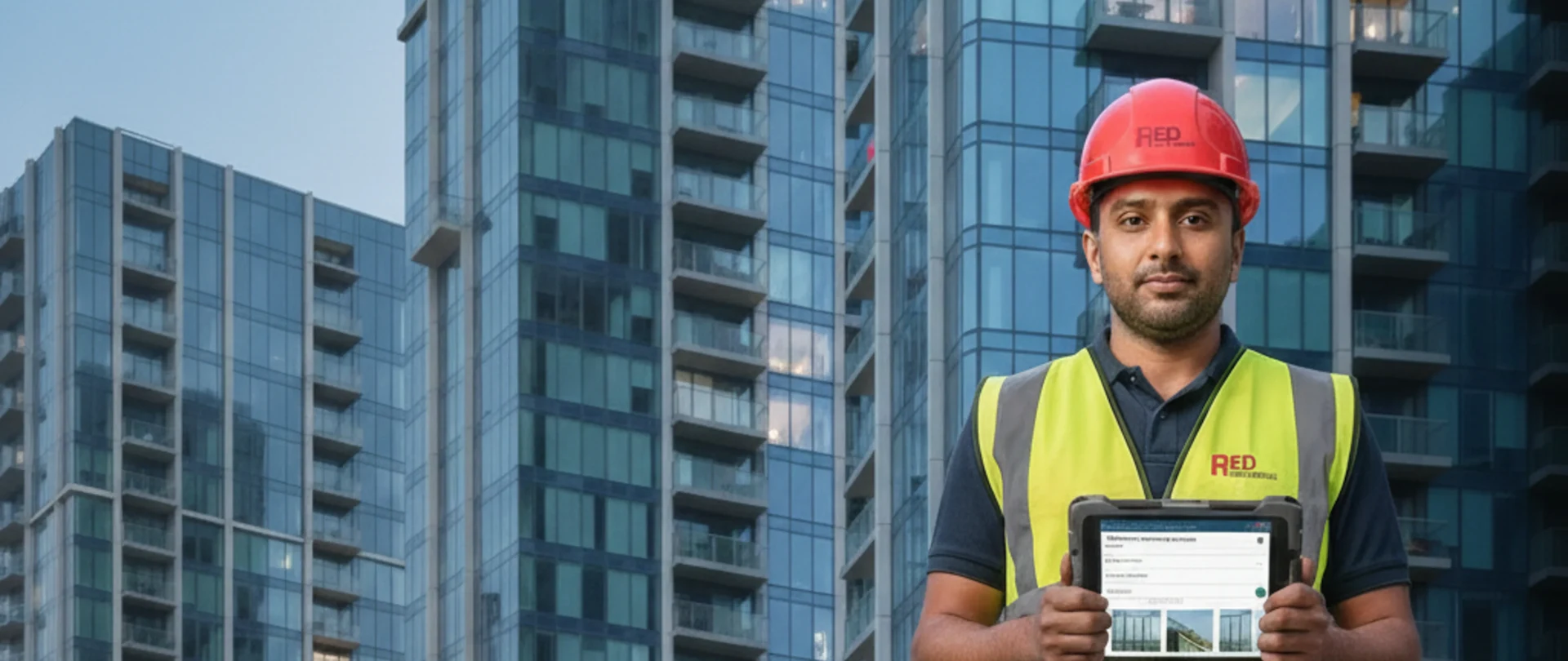Construction worker in red helmet and yellow safety vest holding tablet in front of glass high-rise buildings.