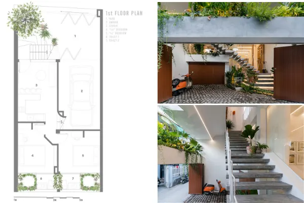 1st-story floorplan, featuring the garage, studio, and a bedroom. Woody elements bring a fusion of traditional and modern sty