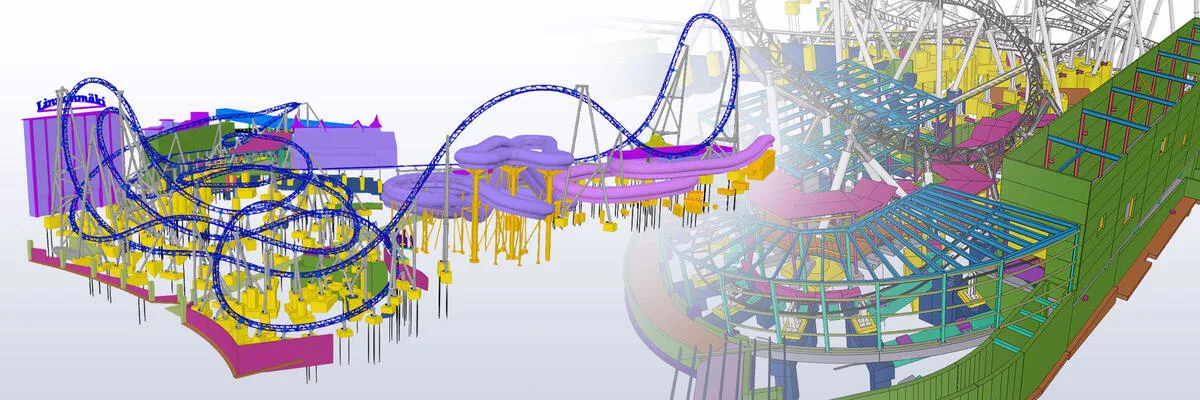 Tekla 3D model of a roller coaster and Ferris wheel, showing complex track designs and structural elements.