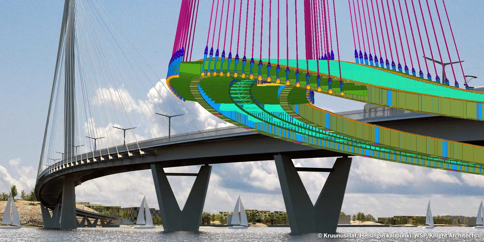 A digital rendering of a modern cable-stayed bridge with a colorful, multi-layered pedestrian walkway.