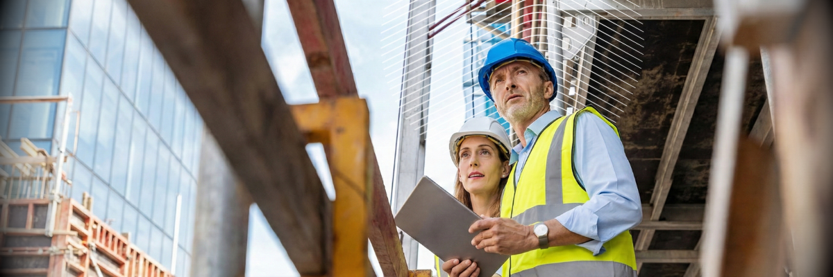 Engineers in safety gear inspecting a construction site with a tablet.