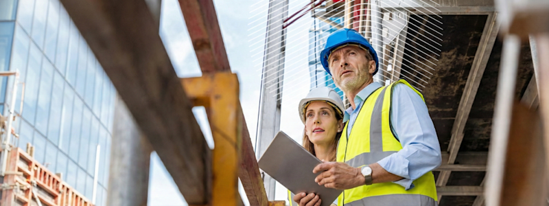 Engineers in safety gear inspecting a construction site with a tablet.