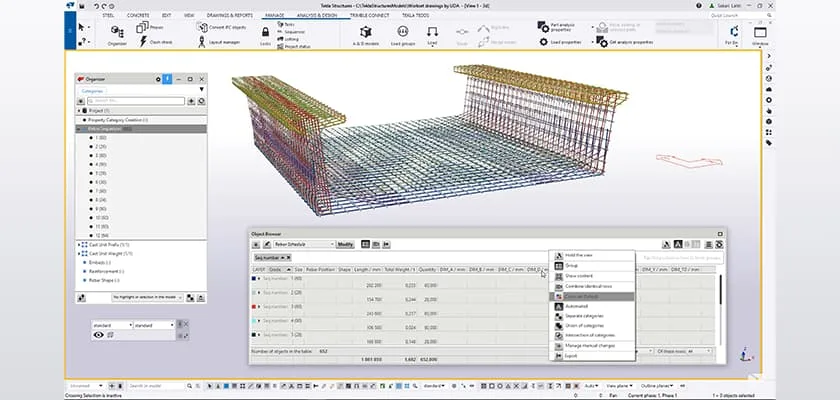 Tekla Structures Organizer and Object Browser can be used to manage and colour rebar sequences