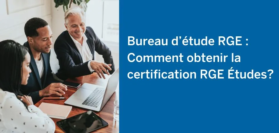 Three professionals review a laptop, discussing how to obtain RGE certification.