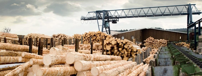 Large piles of stacked timber logs at a lumber yard with an industrial gantry crane in the background.