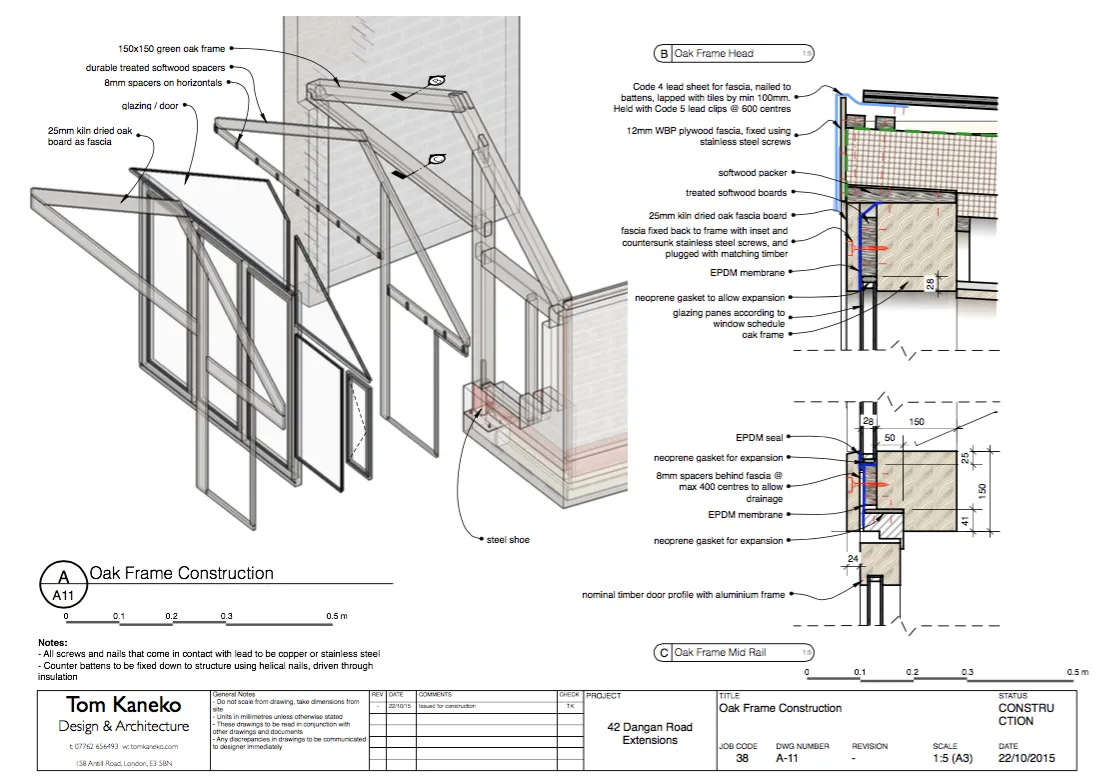 Oak Frame Construction: Exploded isometric view with detailed drawings and notes.