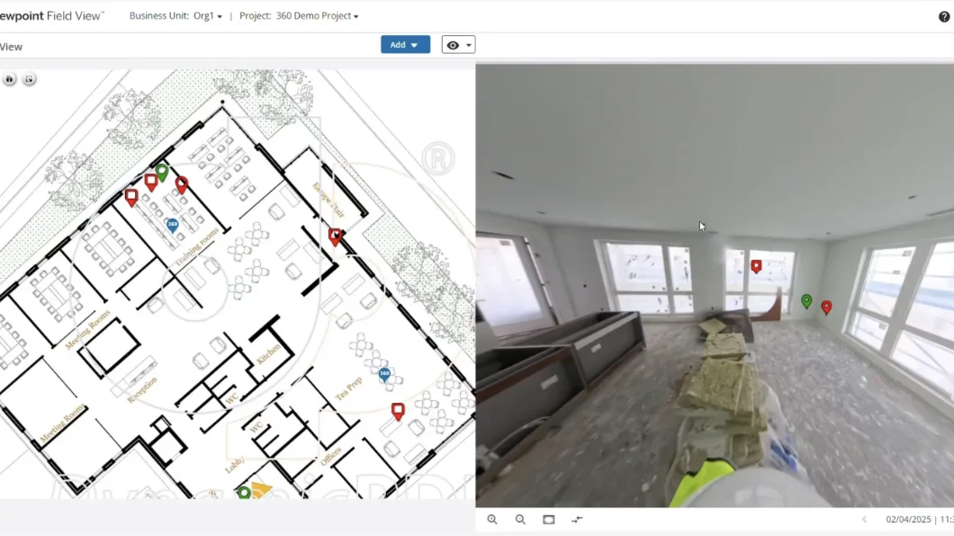 Trimble Viewpoint Field View shows a construction floor plan with pins on the left and a 360-degree photo of an unfinished room on the right.