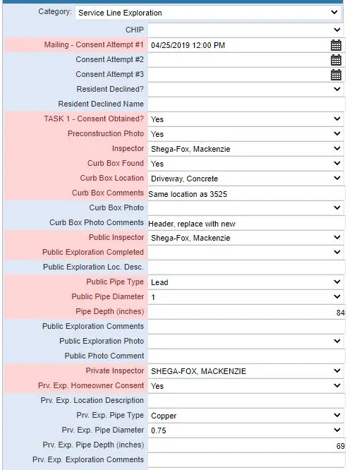 Service Line Exploration form showing details on pipe type, diameter, depth, and inspector names.