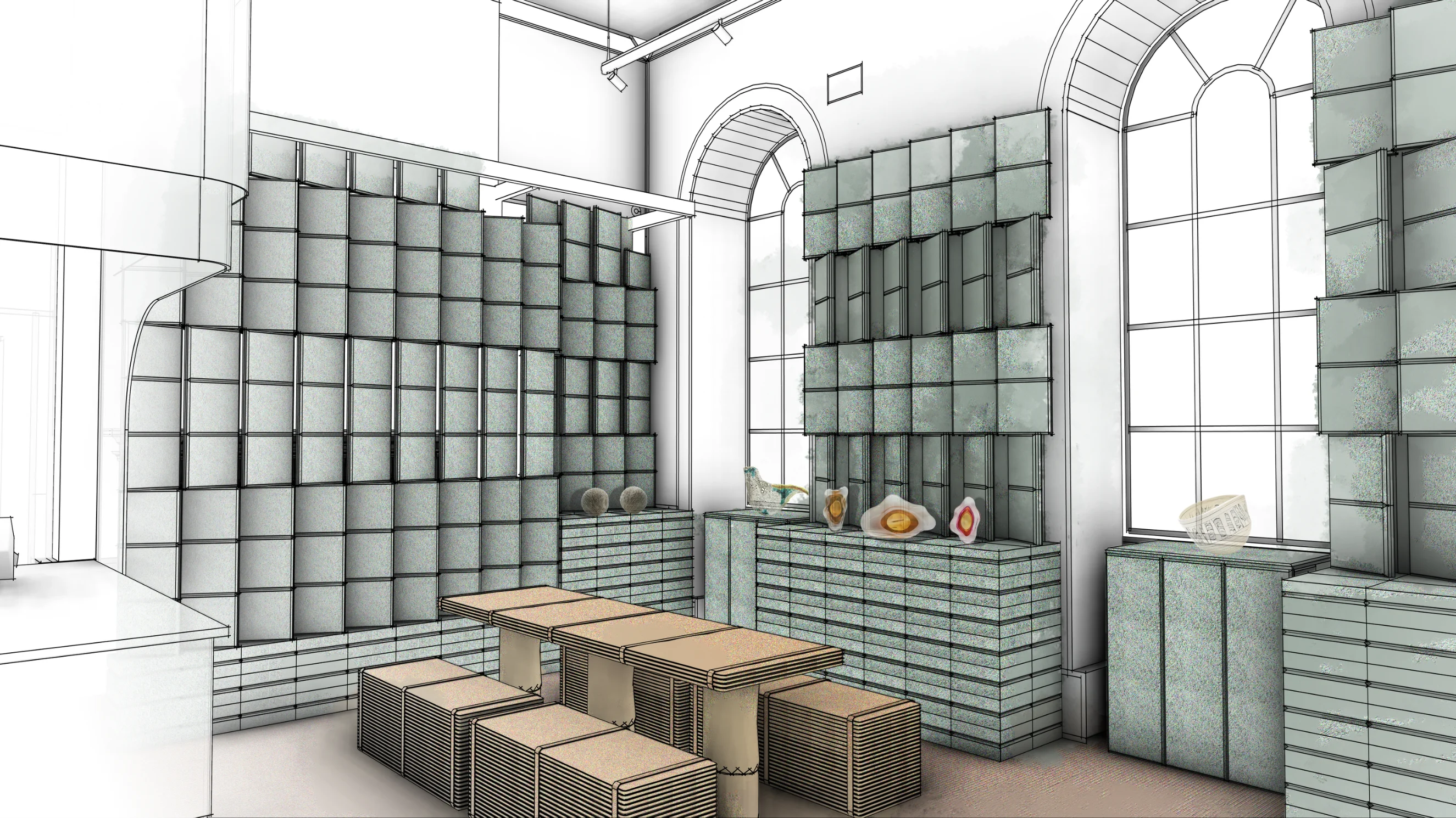Render of an interior room with tables, seating and shelving on the walls.