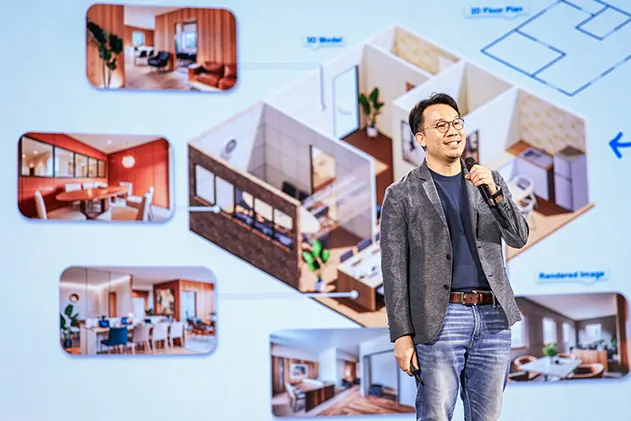 Man presents a graphic showing a 3D floor plan transforming into a 3D model and various rendered interior design images.